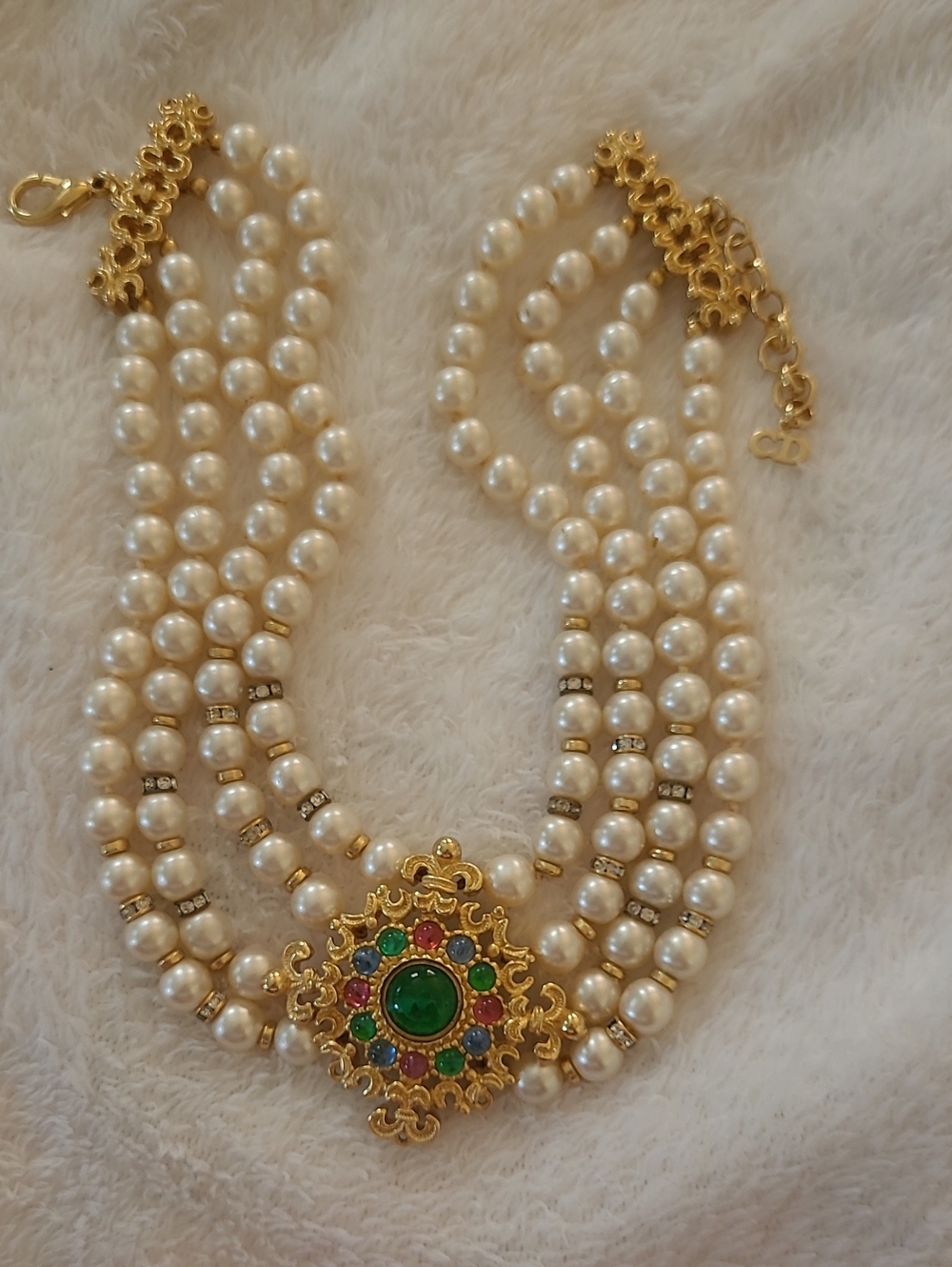 Dior Gold-Tone Multi-Strand Pearl Choker with Green and Multicolor Cabochon